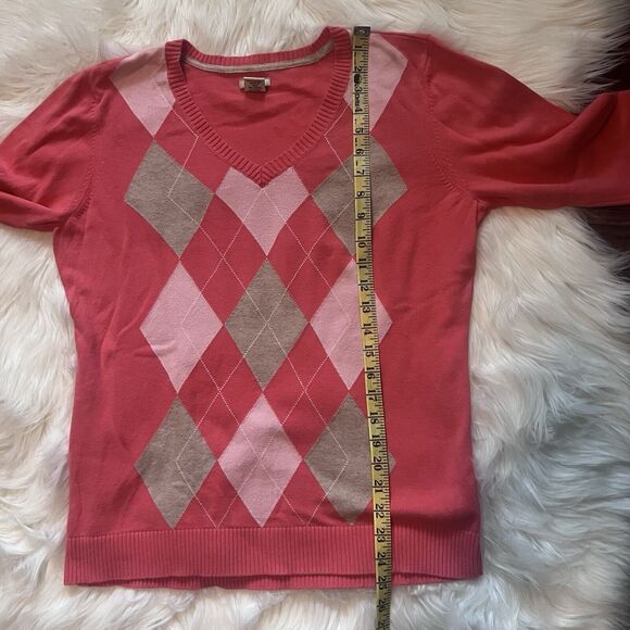 Argyle Sweater Large Izod Salmon Cotton Pink Tan Long Sleeves V Neck Preppy Golf - Picture 6 of 11